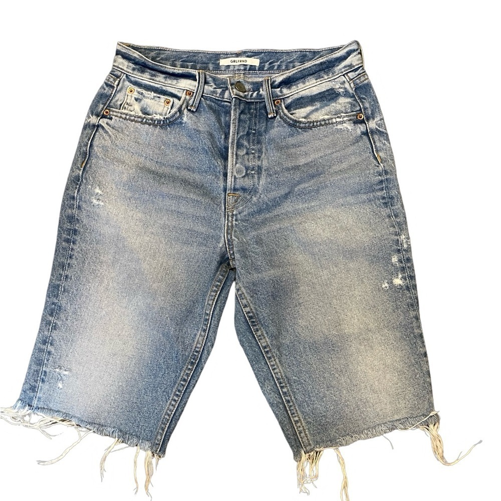 GRLFRND Revolve Beverly button fly distressed raw hem cutoff denim shorts/26